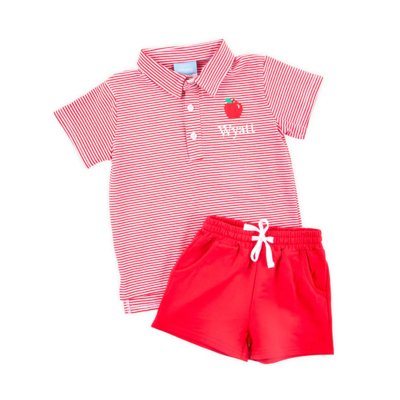 Apple Applique Red Stripe Polo Short Set | Classic Whimsy