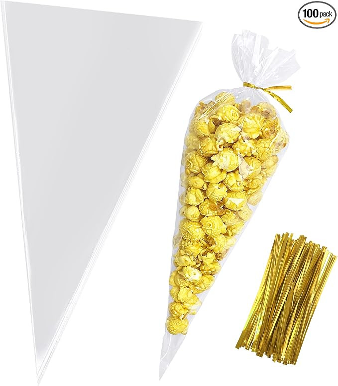 Morepack Cone Treat Bags, 100Pcs, 7x15 Inches, Clear Cellophane, with Twist Ties, for Treats, Pop... | Amazon (US)
