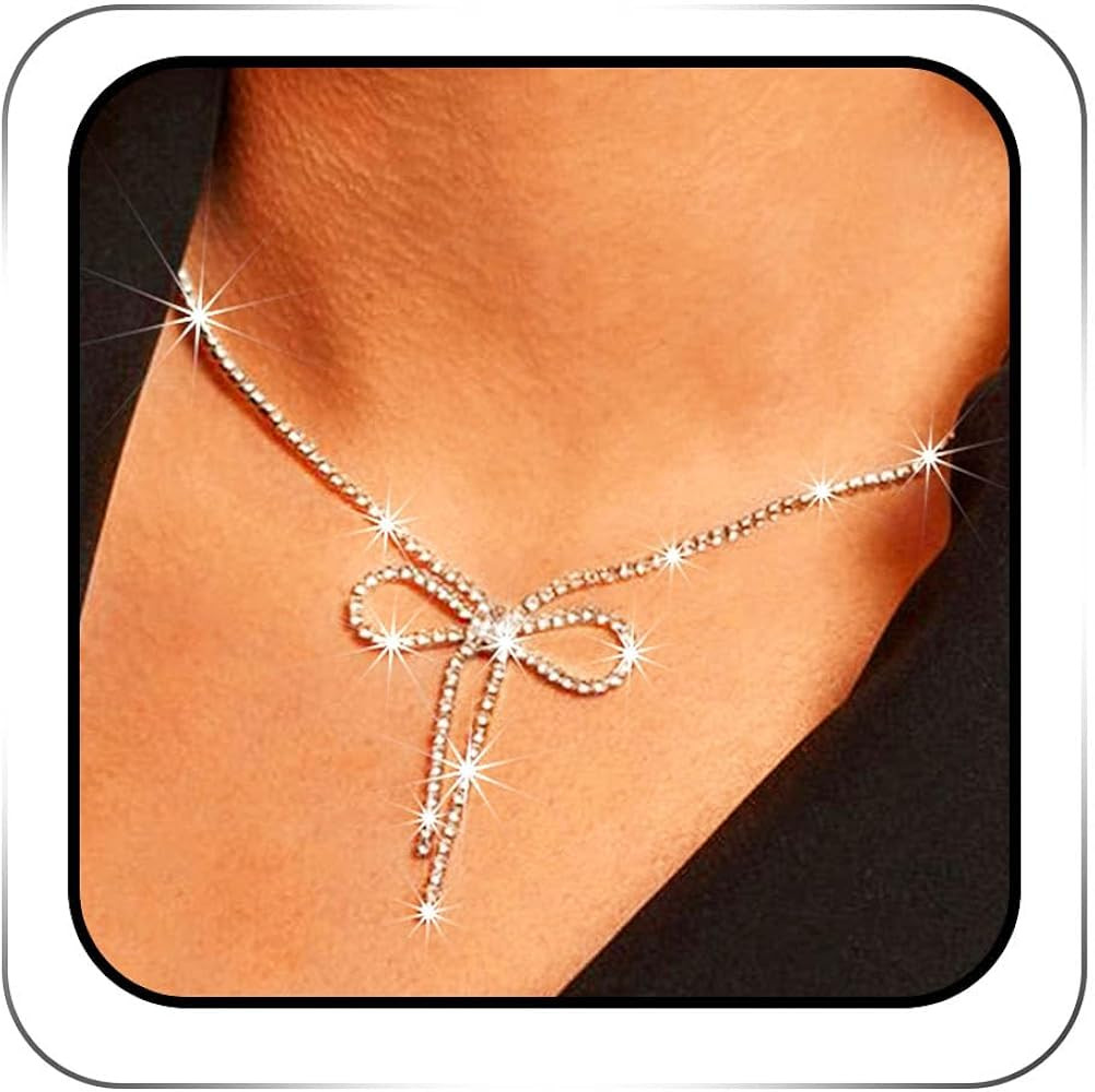 ACEDRE Rhinestone Bow Pendant Necklace Jewelry Silver Crystal Bowknot Choker Necklace Chain Daint... | Amazon (US)