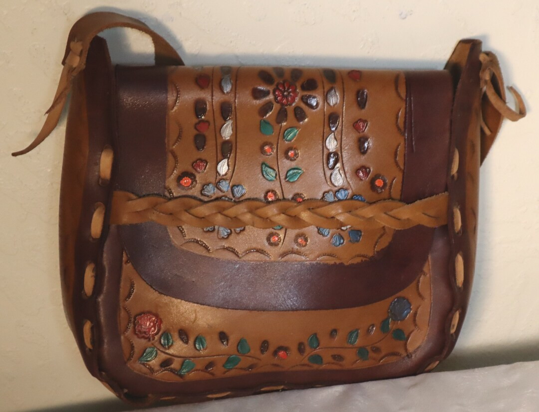 Vintage Hand Tooled Leather Purse Painted Flowers - Etsy | Etsy (US)