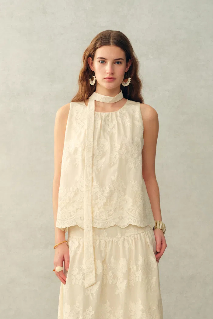 Viola Lace Ribbon Sleeveless Top in Tulle Embroidery | Fabrique