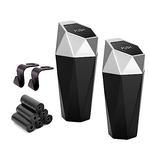 Ginsco Car Trash Can Cup Holder, 2 Pack Mini Car Trash Can with Lid, Car Accessories for Interior, Leakproof Small Trash Cup for Car, Home with Additional 2 ABS Hooks and 90pcs Trash Bags Silver | Amazon (US)