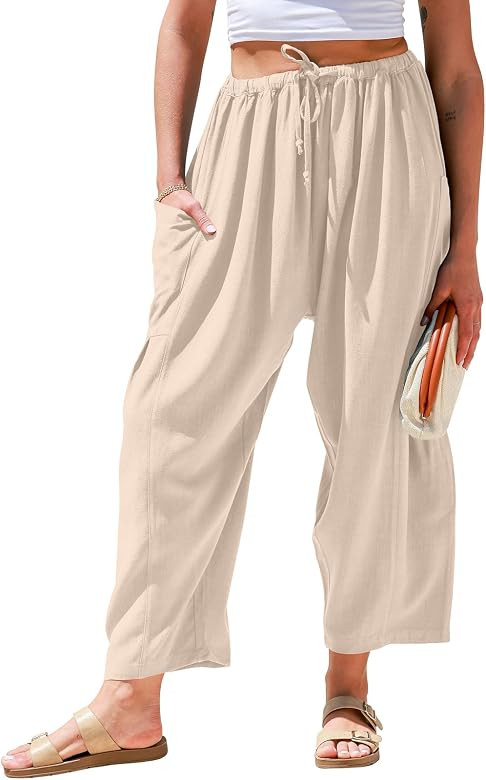 TARSE Womens Linen Wide Leg Pants Casual Loose Drawstring Low Waist Beach Palazzo Harem Pants wit... | Amazon (US)