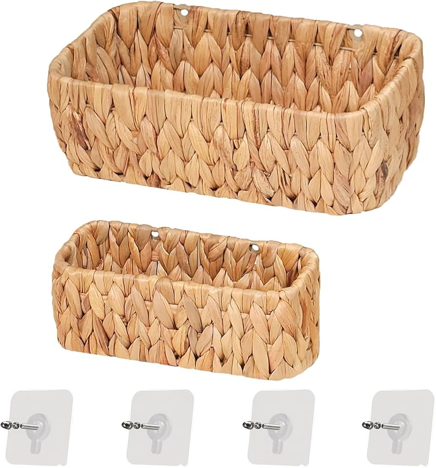 Woven Hanging Wall Baskets for Storage, Water Hyacinth Bathroom Wall Mount Organizer, Wicker Wall... | Amazon (US)