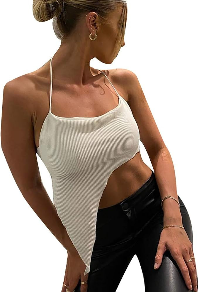 Women's Sleeveless Off Shoulder Camisole Hanging Neck Bandage Irregular Hem Crop Top | Amazon (US)