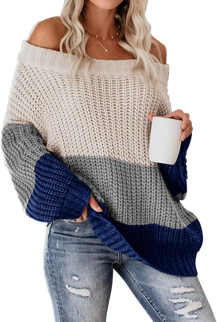VIMPUNEC Womens Oversized Sweater Color Block Off The Shoulder Pullover Sweaters Cable Knit Chunk... | Amazon (US)