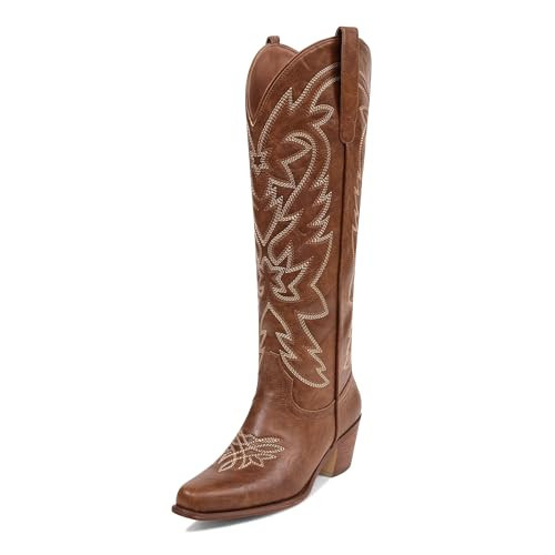 Ouepiano Brown Cowboy Boots for Women Cowgirl Knee High Boots with Classic Embroidered Pull On & Side Zipper Pointed Toe Chunky Heel Vintage Country Western Boots Size 10 | Amazon (US)