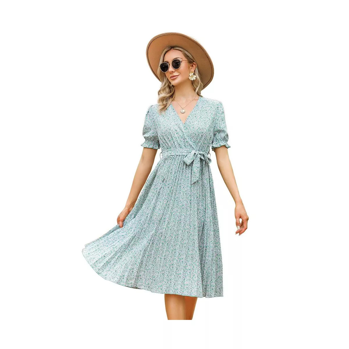 WhizMax Women's Dress Floral Wrap V Neck Pleated Dress Short Lantern Sleeve Flowy A Line Midi Dre... | Target