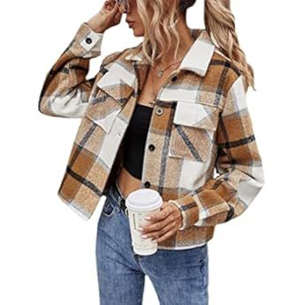 Amazon.com: Yeokou Women's Fashion Cropped Flannel Plaid Shacket Long Sleeve Button Down Jackets Coa | Amazon (US)