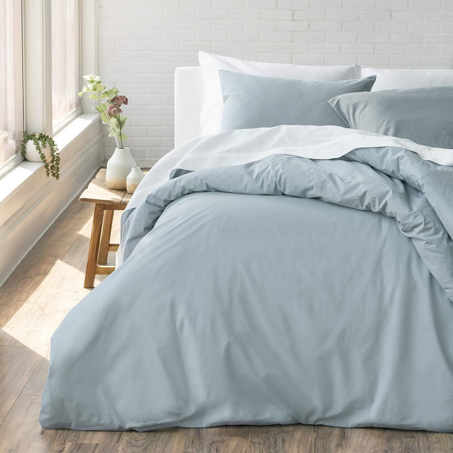 Welhome Cozy 100% Cotton Percale Washed Reversible Duvet Cover Set | Full/Queen Size (Chambray Bl... | Amazon (US)
