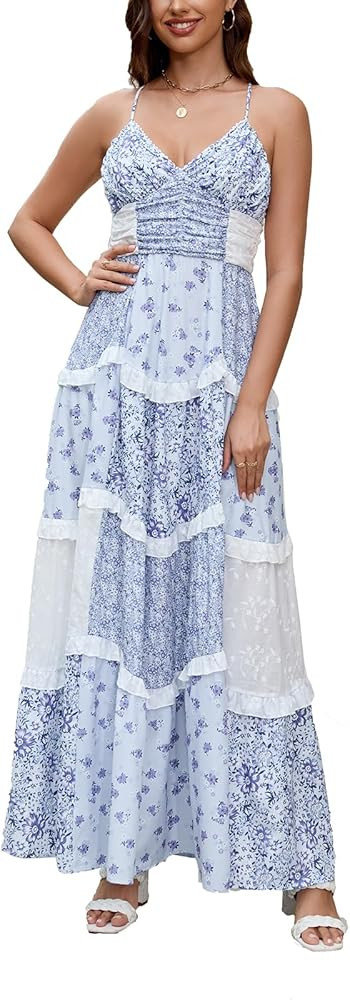 Women Floral Patchwork Maxi Dress V Neck Sleeveless Cross Back Spaghetti Strap Tiered Sundress Su... | Amazon (US)