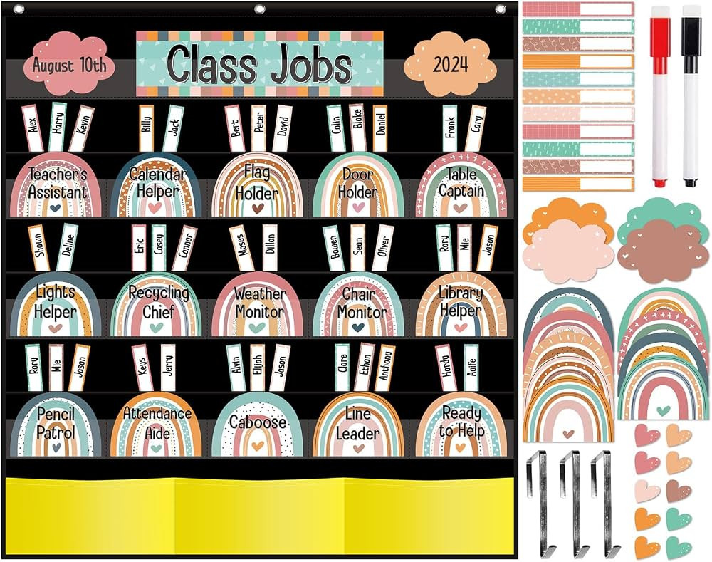 Boho Rainbow Class Jobs Pocket Chart Teacher's Helper Classroom Management Pocket Chart for Kids ... | Amazon (US)