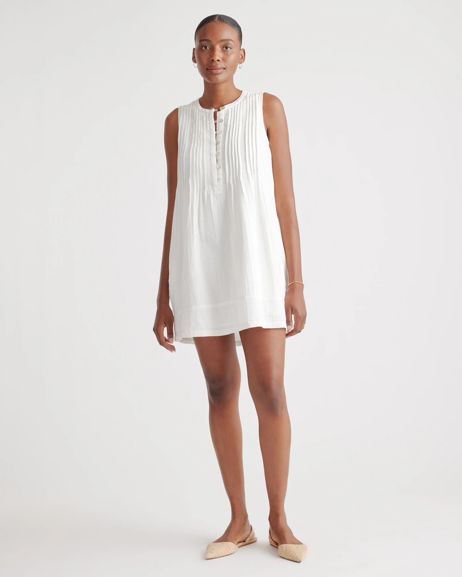 100% Organic Cotton Gauze Sleeveless Swing Dress in White | Quince