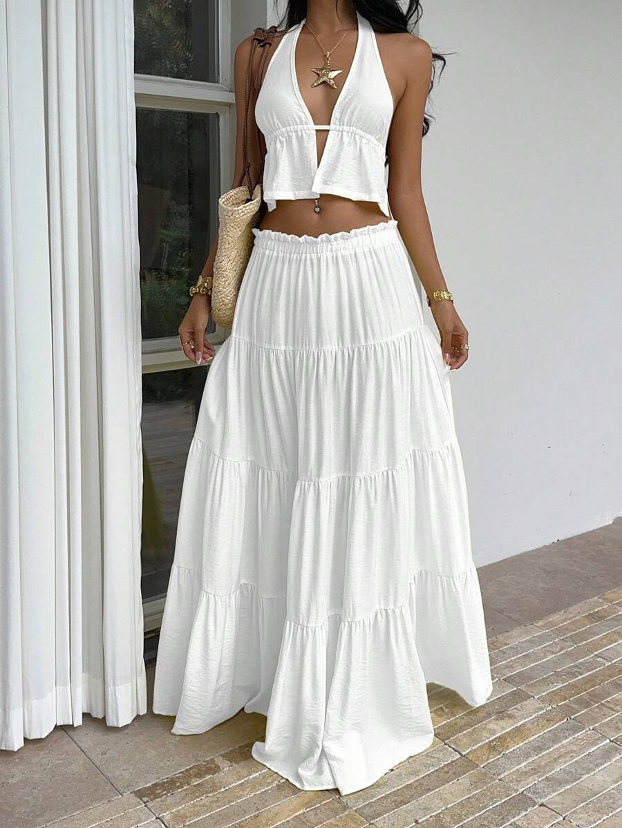 Sunnyshic Yellow Linen Deep V-Neck Halter Backless Pleated Tank Top And Low Waist Multi-Layer Ruf... | SHEIN