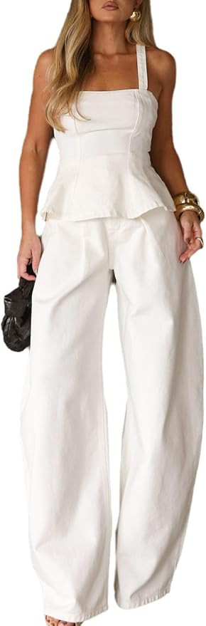 Wuitrie Women 2 Piece Outfits Sleeveless Strap Peplum Tops Wide Leg Pants Going Out Elegant Casua... | Amazon (US)