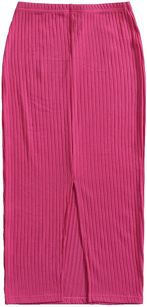 SheIn Women's Basic Plain Stretchy Ribbed Knit Split Full Length Skirt | Amazon (US)