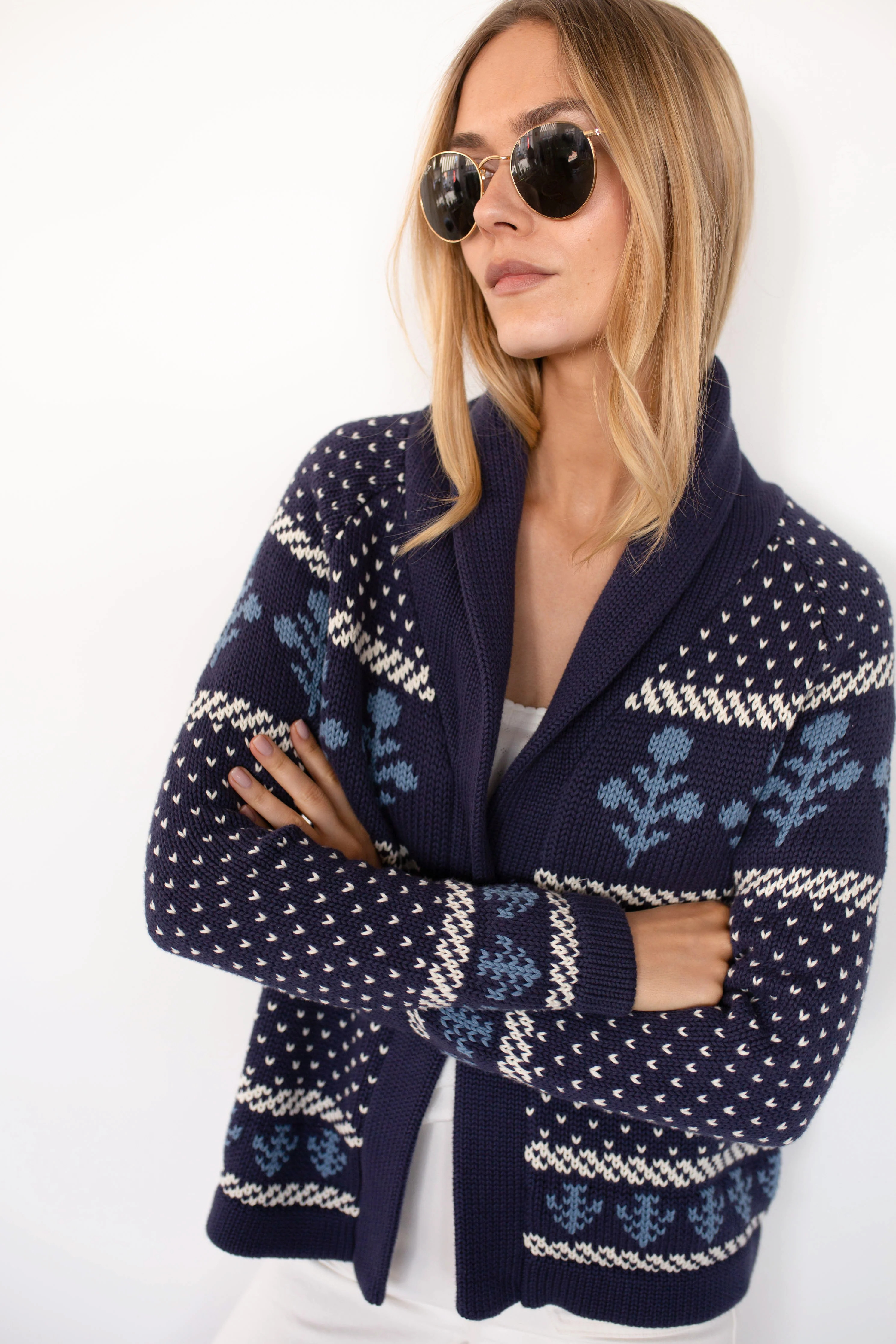 Marea Flower Intarsia Shawl Cardigan - Navy | Marea