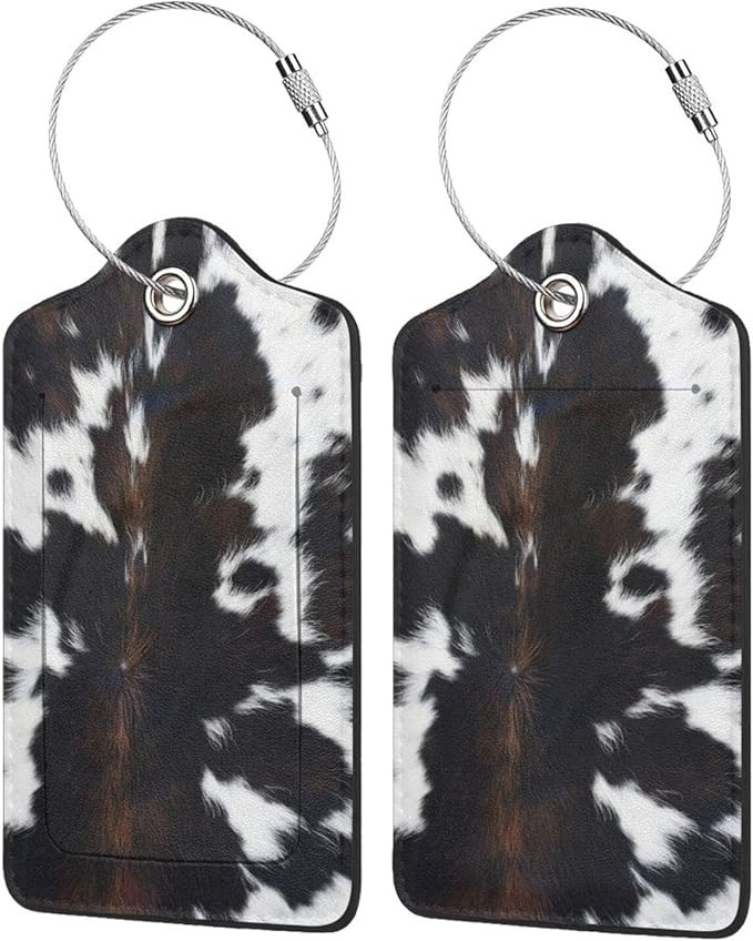 Cow Print Luggage Tags Set of 2 Leather Stainless Steel Loop Label Tag for Travel Bag Suitcase | Amazon (US)