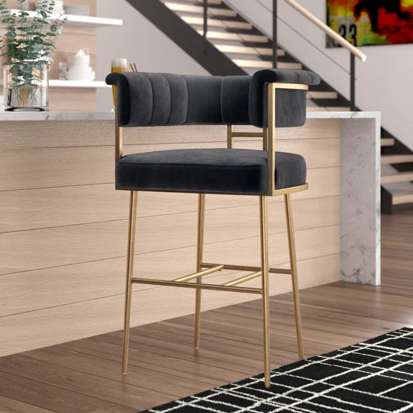 Astrid Grey Velvet Bar Stool | Wayfair Professional