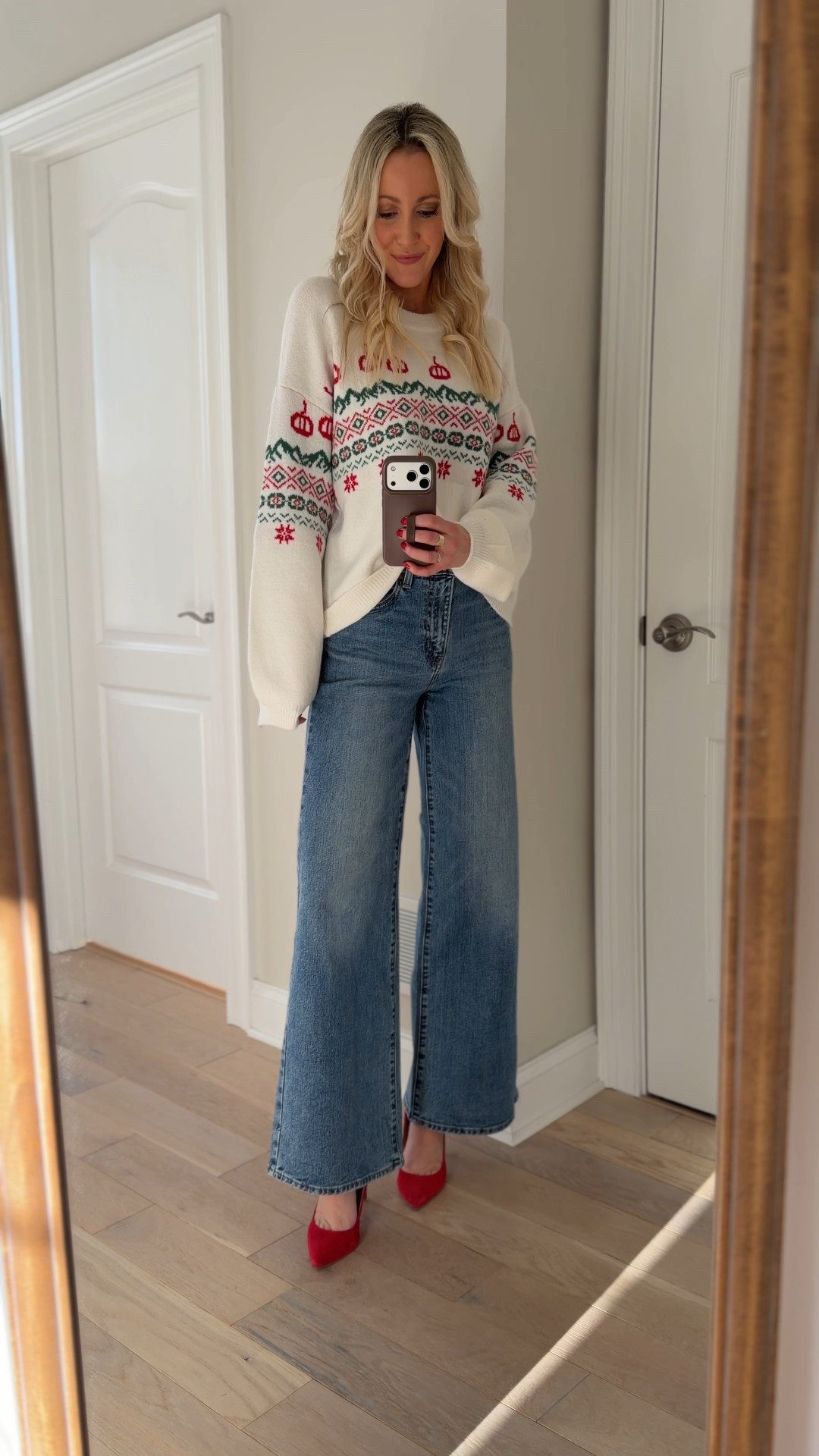 Holiday to winter new arrival from Target!🎄❄️ Target new arrival that is cozy, cozy, cozy! 🤩 How cute is this fair isle holiday sweater?The best part is that you can take it into winter, too! SOO soft and stretchy! Btw, these high rise wide leg jeans are my favorite jeans EVER. No joke. These outfits would be perfect for Christmas, holiday parties, even teachers! Even perfect to wear after the holidays! I’m wearing medium in the sweater and 25 regular in the denim! I’m 5’7”. 

#LTKGiftGuide #LTKHoliday #LTKFindsUnder50