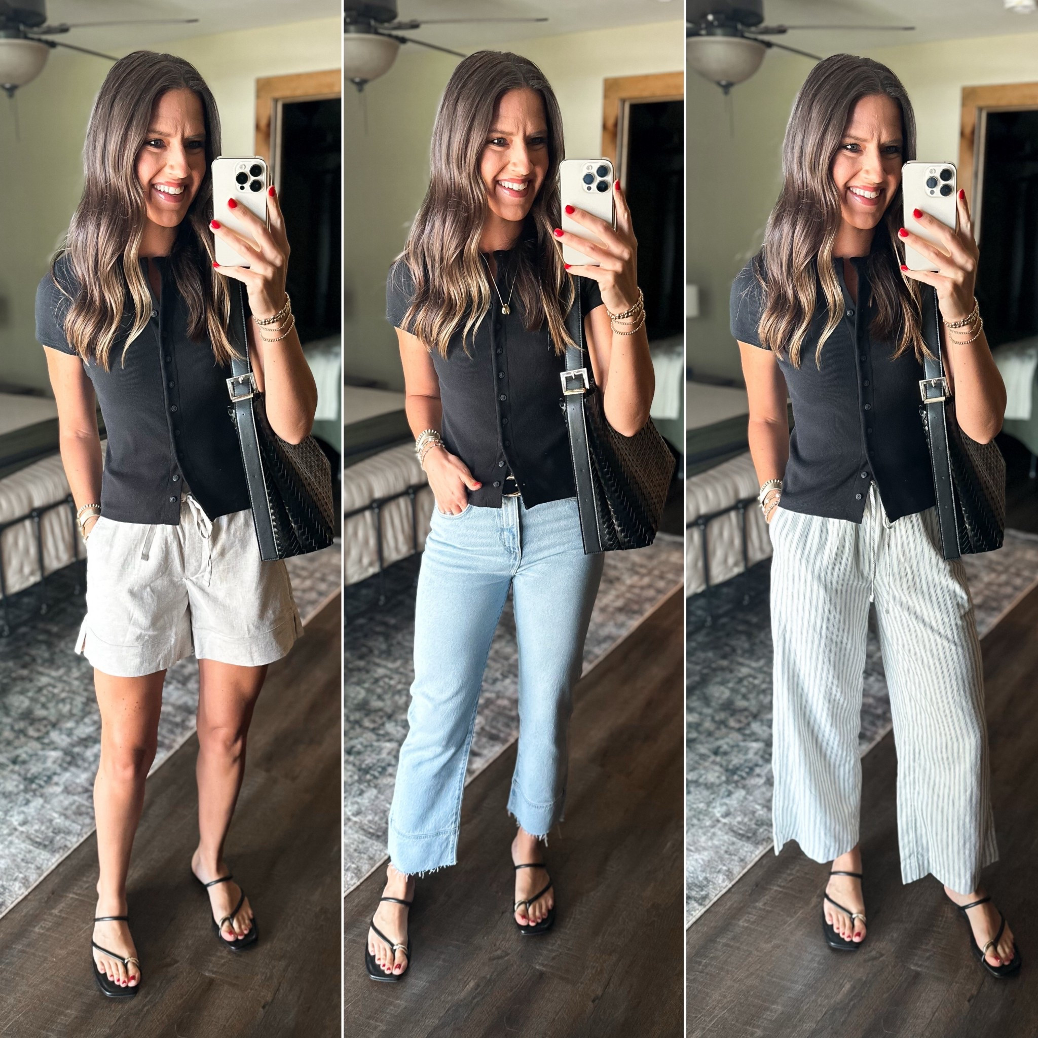 Summer Capsule Wardrobe - Black Button Front Tee 

Tee (size up, I’m in the medium) 
Linen shorts (size down, I’m in the xs) 
Jeans (size down, I’m in the 25/0) 
Linen pants (size small) 


#LTKFindsUnder100 #LTKFindsUnder50 #LTKStyleTip