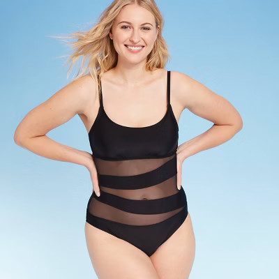 Women's Tall/Long Torso Mesh One Piece Swimsuit - Shade & Shore™ Black | Target