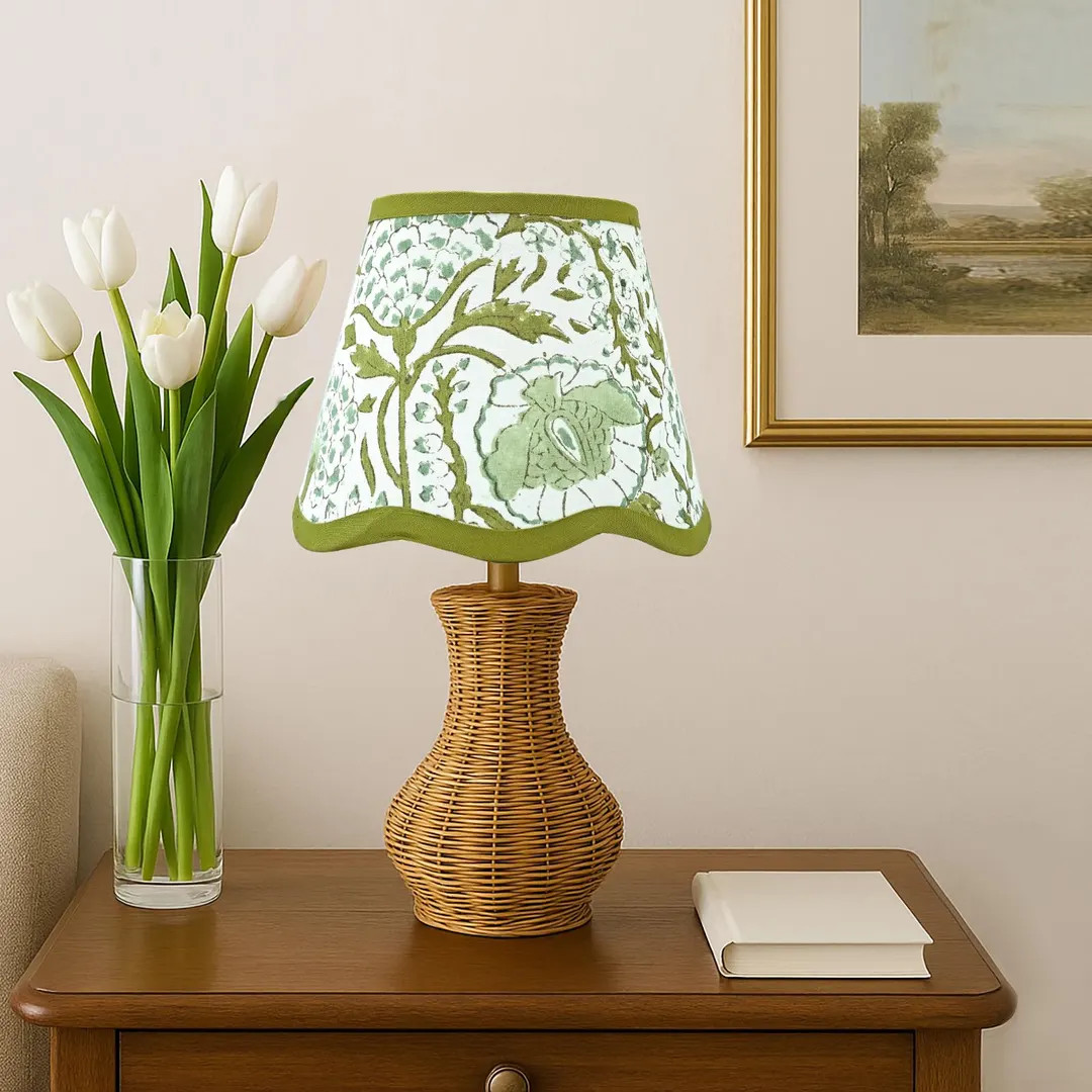 Agate Green Hand Block Printed Scallop Cotton & Iron Bell Lampshade, Handmade Vintage Light Shade... | Etsy (US)