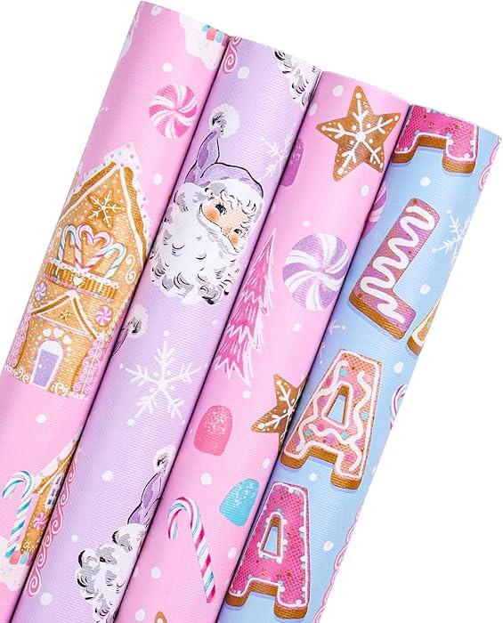 WRAPAHOLIC 30 Inch Christmas Wrapping Paper Roll - Jumbo Roll Pastel Pink Purple Gingerbread Hous... | Amazon (US)