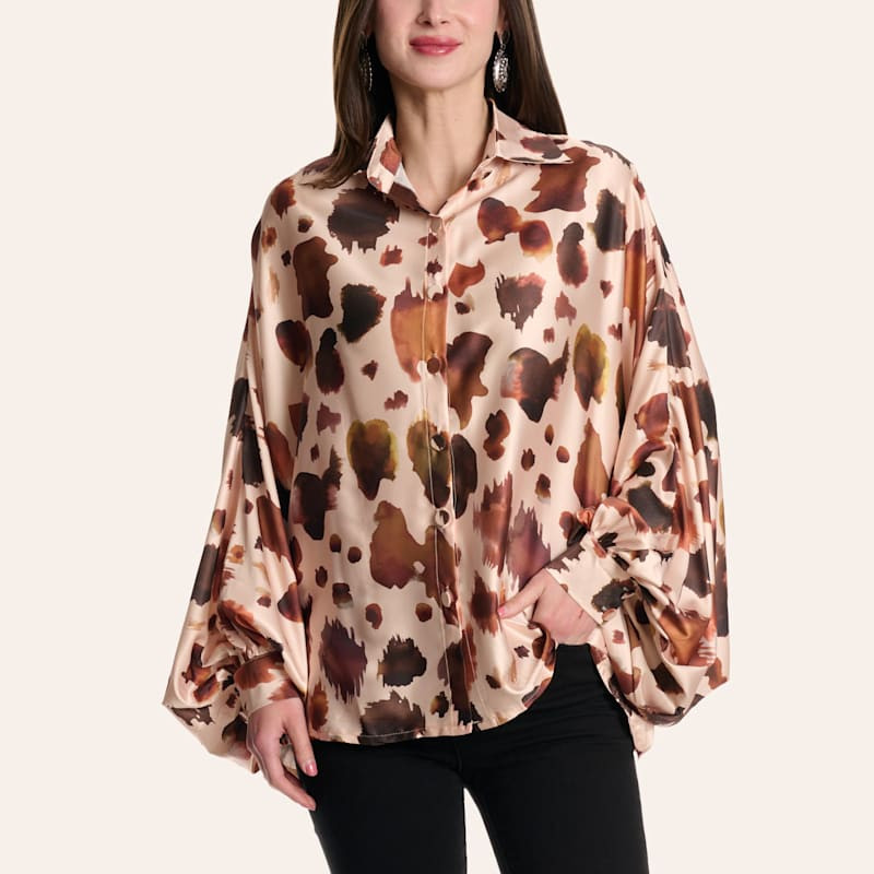Beulah Women's Beige Cowhide Print Long Sleeve Satin Blouse | Cavender's