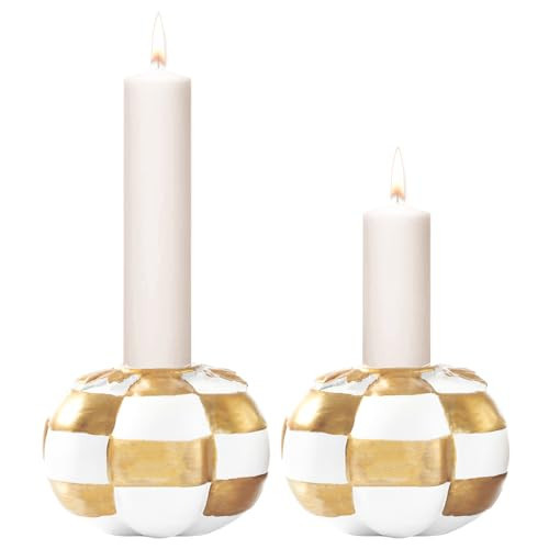 WDS WONDROUS Fall Pumpkin Candle Holder Set 2PCS – White & Gold Checkered Pumpkin Candlestick Holders Decor – Taper Candle Holders, Fall Table Centerpieces, Thanksgiving Autumn Decorations for Home | Amazon (US)