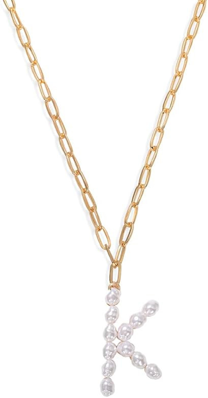 Dainty Turquoise Pearl Big Initial Chain Pendant Necklace for Women | Amazon (US)