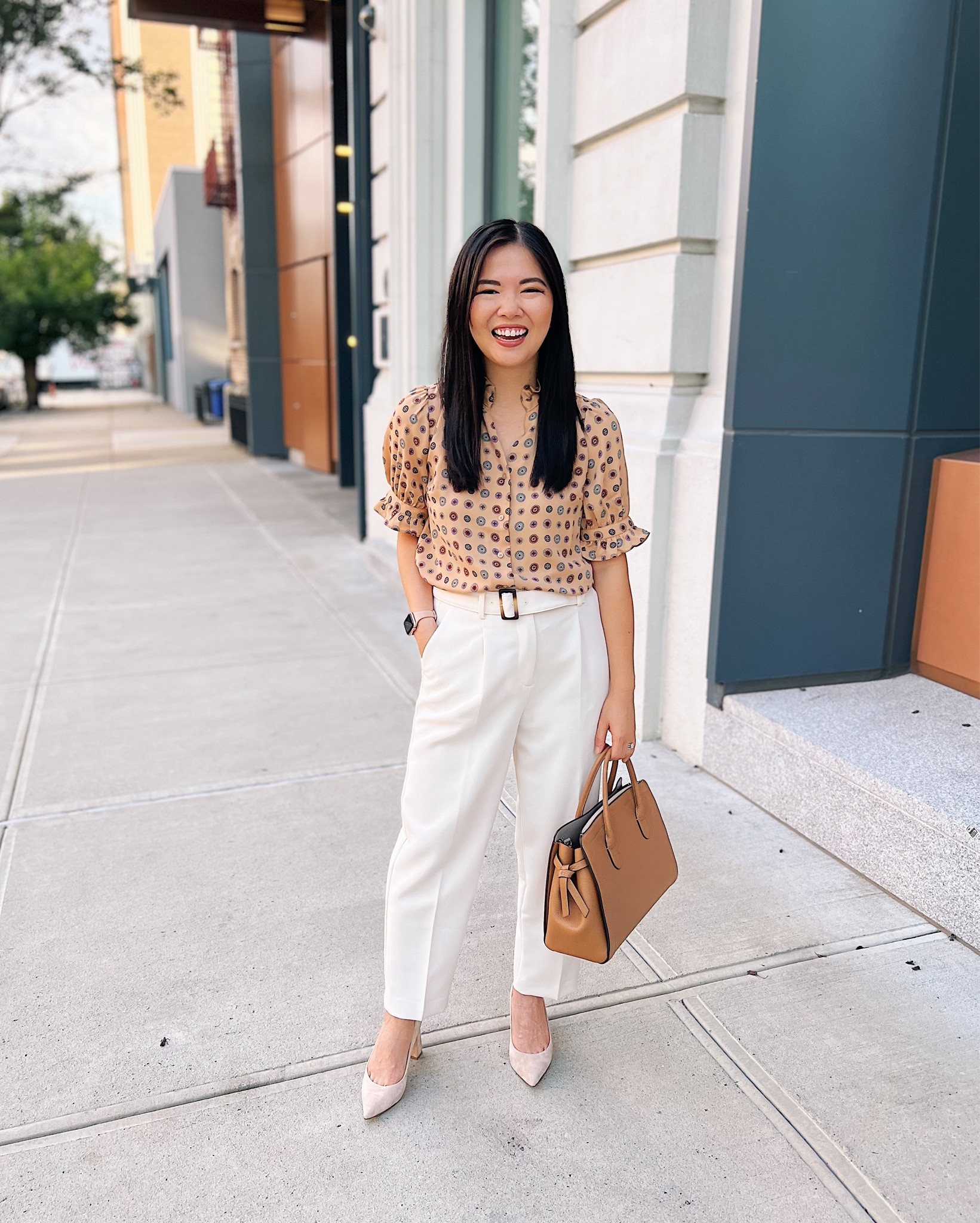 Tan short sleeve blouse (XS)
Beige blouse
Cream pants  (4P)
Kate Spade Knott satchel bag
Tan tote bag 
Tan work bag 
Beige suede pumps
Business casual outfit 
Smart casual outfit 
Teacher outfit 
Neutral work outfit 
Ann Taylor outfit 

#LTKunder100 #LTKworkwear #LTKSeasonal