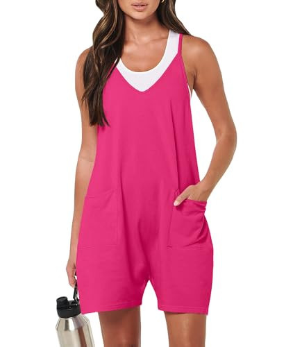 LILBETTER Women's Summer Casual Rompers Short Overalls Loose Linen Jumpsuit Beach Outfits(Rose Red Small) | Amazon (US)