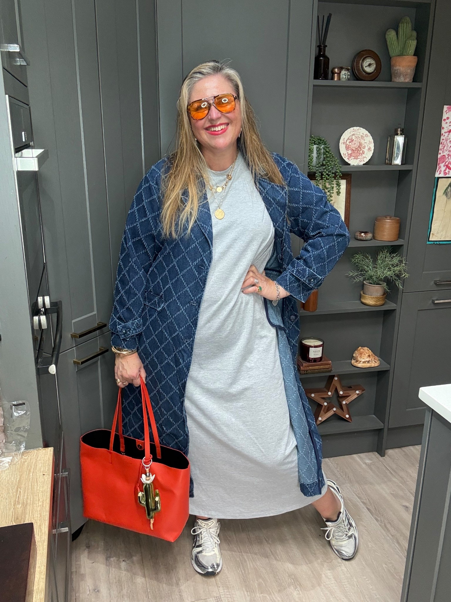 Grey dress, denim trench, orange bag, trainers, sunglasses 

#LTKplussize #LTKcurves #LTKspring