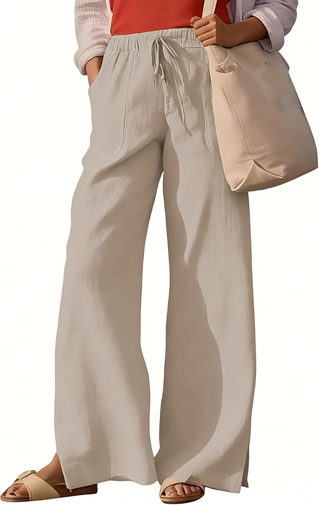 Women's High Waisted Wide Leg Pants Cotton Casual Drawstring Lounge Bottoms Loose Fit Comfy Summe... | Amazon (US)