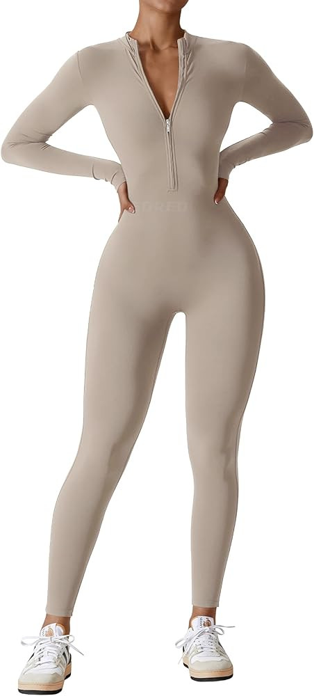 YEOREO Women Long Sleeve Workout Jumpsuit Zip Up Romper Bottom Pants Bodysuit Bodycon Sexy One Pi... | Amazon (US)