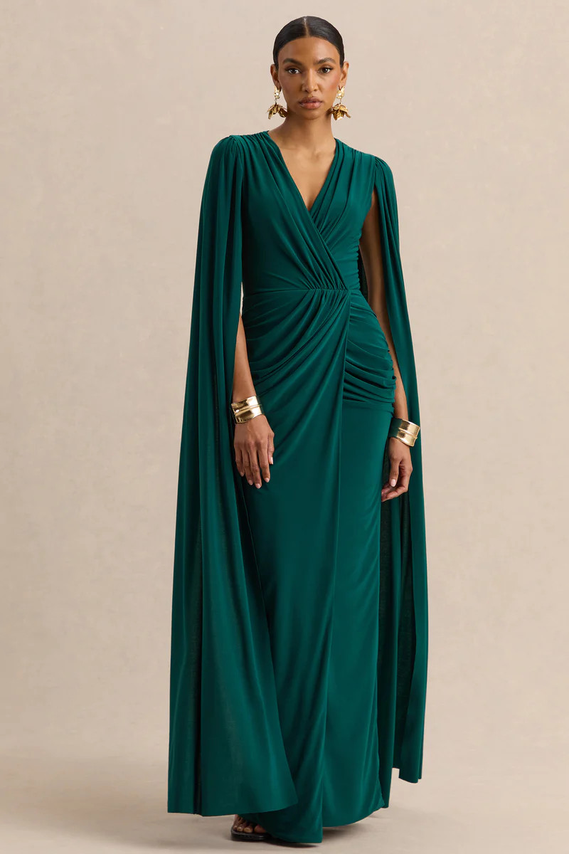 Ulissia  Bottle Green V-Neck Maxi Dress With Cape-Sleeves | Club L London