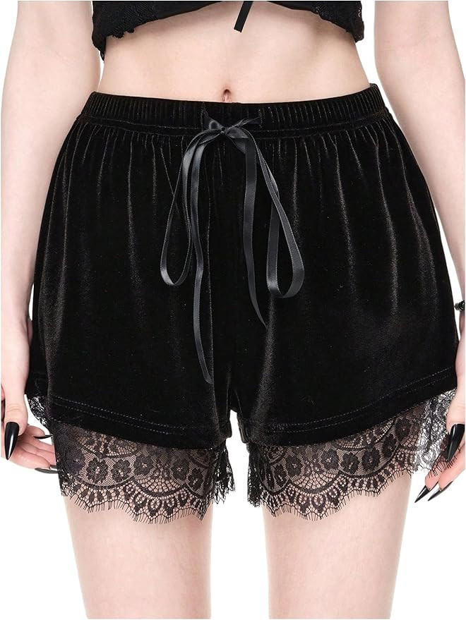 WDIRARA Women's Velvet Contrast Lace Ruched High Waist Gothic Shorts | Amazon (US)