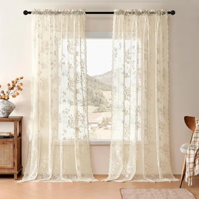 Beige Lace Curtains 84 Inches Long Victorian Floral Sheer Curtains Decor Drapes Rod Pocket Light Filtering French Window Curtains 2 Panels Set | Wayfair North America