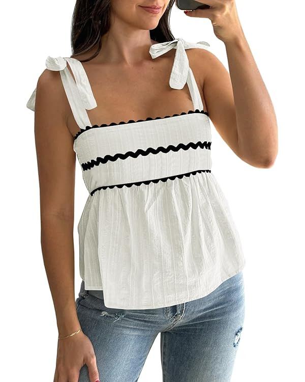 Tankaneo Womens Cute Tank Tops Summer Casual Peplum Babydoll Square Neck Tie Strap Backless Shirt... | Amazon (US)