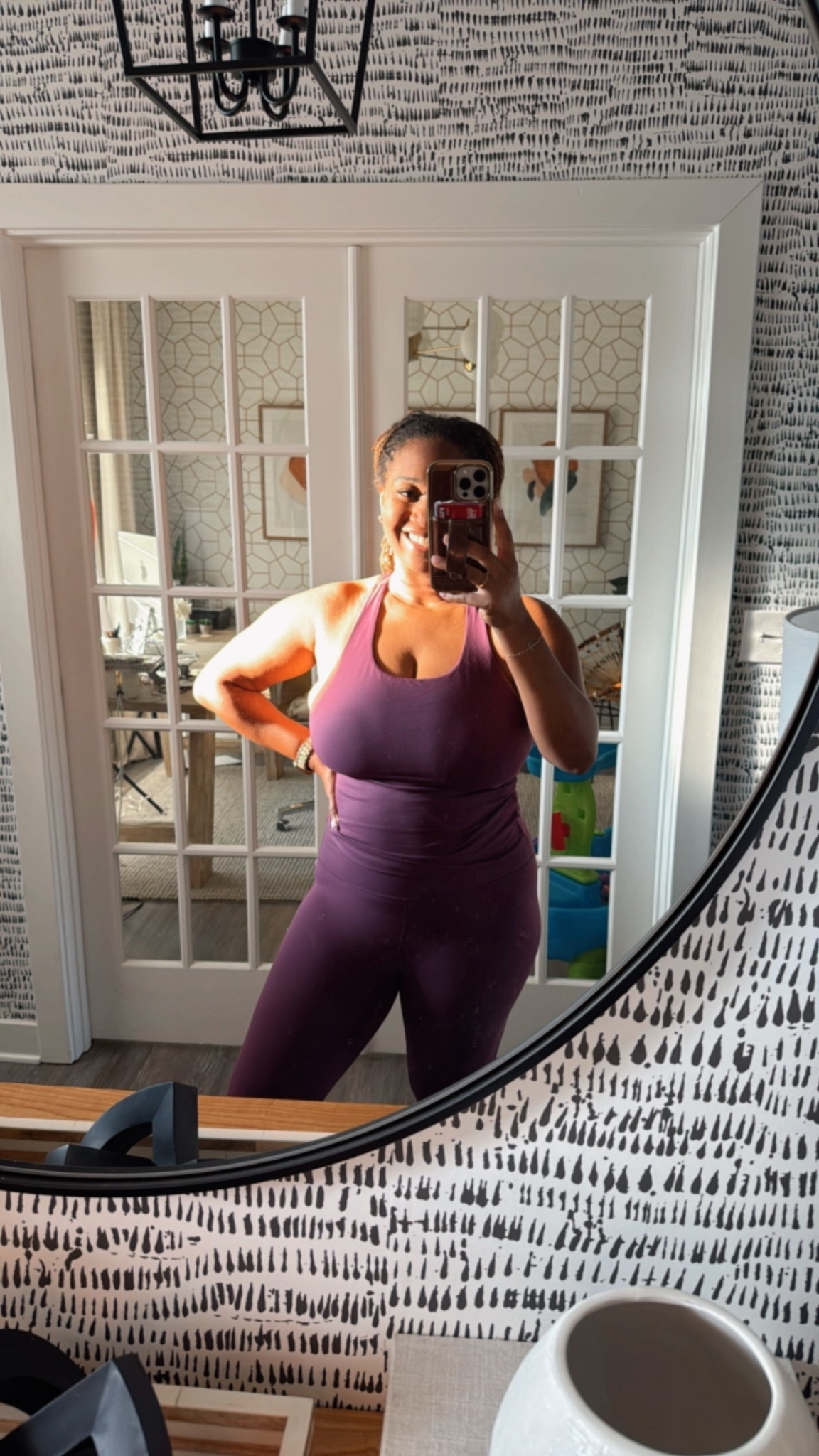 Plum workout outfit for midsize, heavy chest, big bust, and curves 