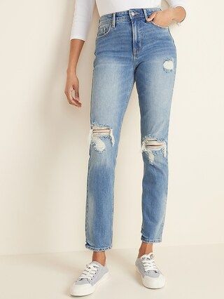 High-Waisted Distressed Power Slim Straight Jeans For Women | Old Navy (US)