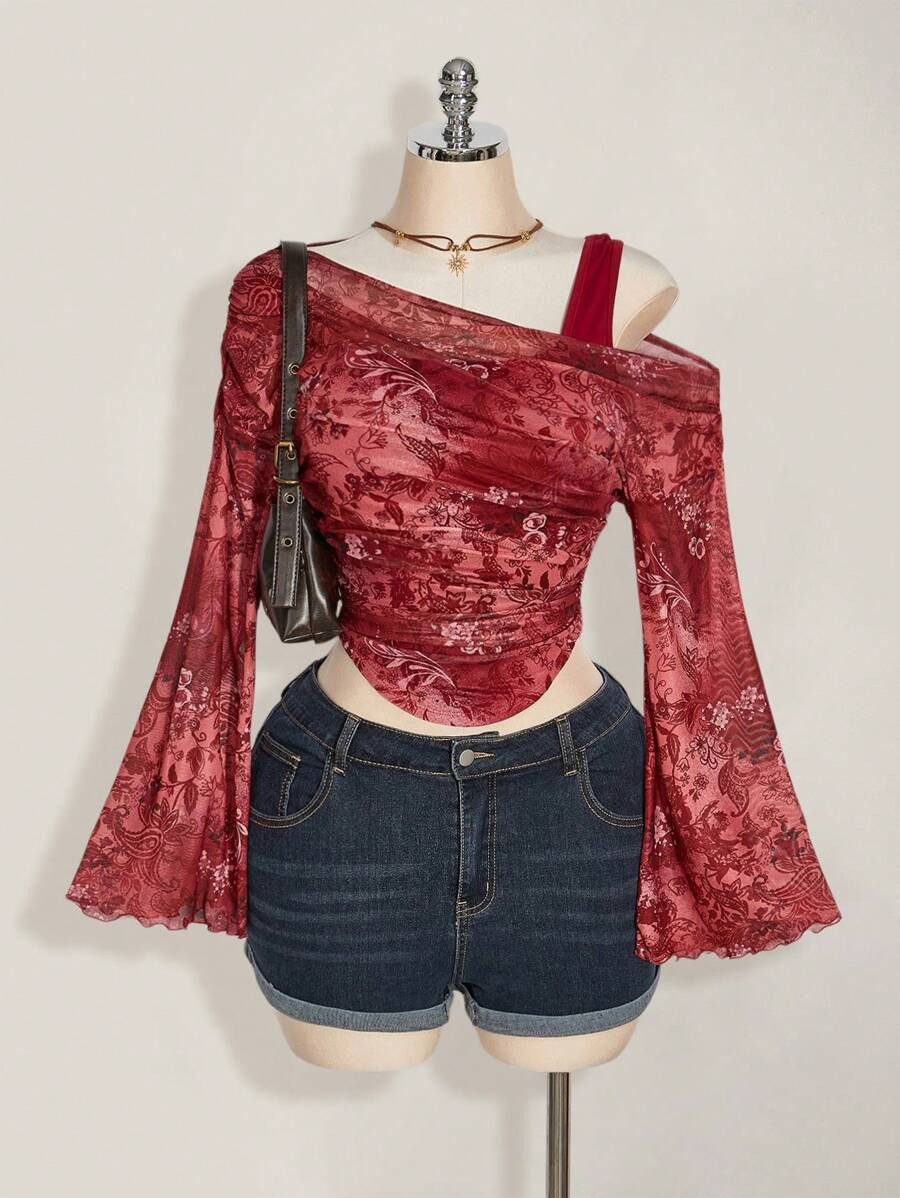 SHEIN ICON Plus Size Oblique Neck Sheer Mesh Knit T-Shirt, Paisley Print Mesh See-Through Long Sl... | SHEIN