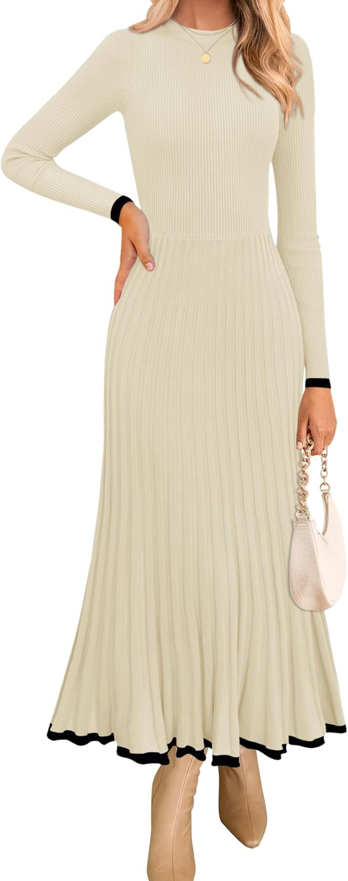 ZESICA Women's Long Sleeve Sweater Dress 2024 Fall Crewneck Ribbed Knit Pleated A-Line Maxi Weddi... | Amazon (US)