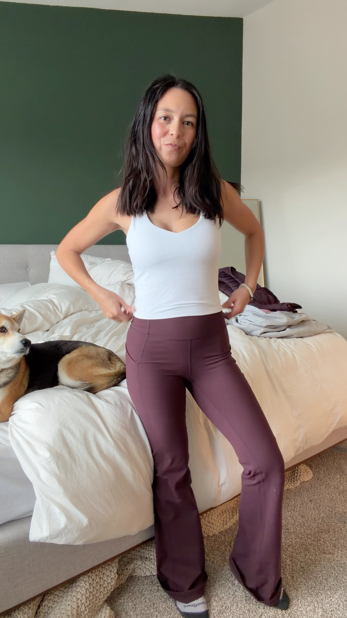 Fabletics athletic wear. Wide leg yoga pants in purple plum color. White built in bra workout top. Purple plum sporty puffer coat. Hot yoga outfit. Pilates outfit. Compression workout clothes. Comfortable workout clothes. 

#LTKActive #LTKfitnessgoals #LTKootd