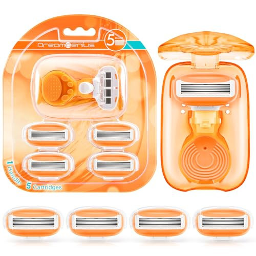 DreamGenius Travel Razors for Women Include 1 Handle and 5 Cartridges, Extra Smooth 5-Blade Travel Essentials Razor with Case for Shaving, Orange | Amazon (US)