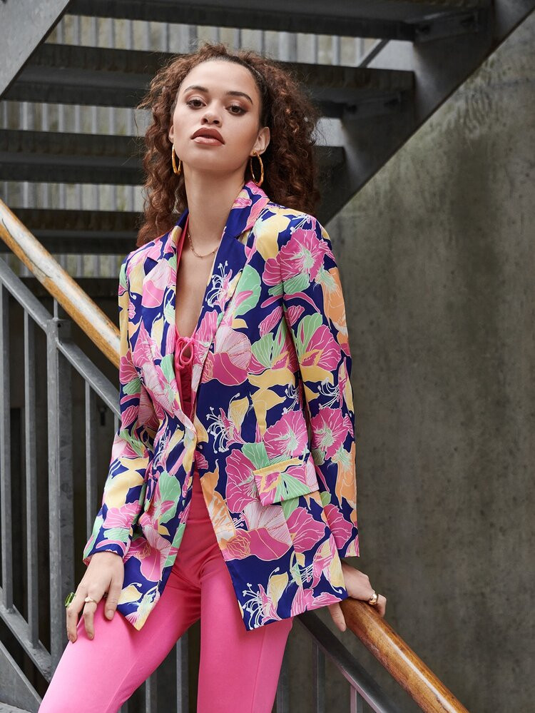 SHEIN Floral Print Single Button Blazer | SHEIN