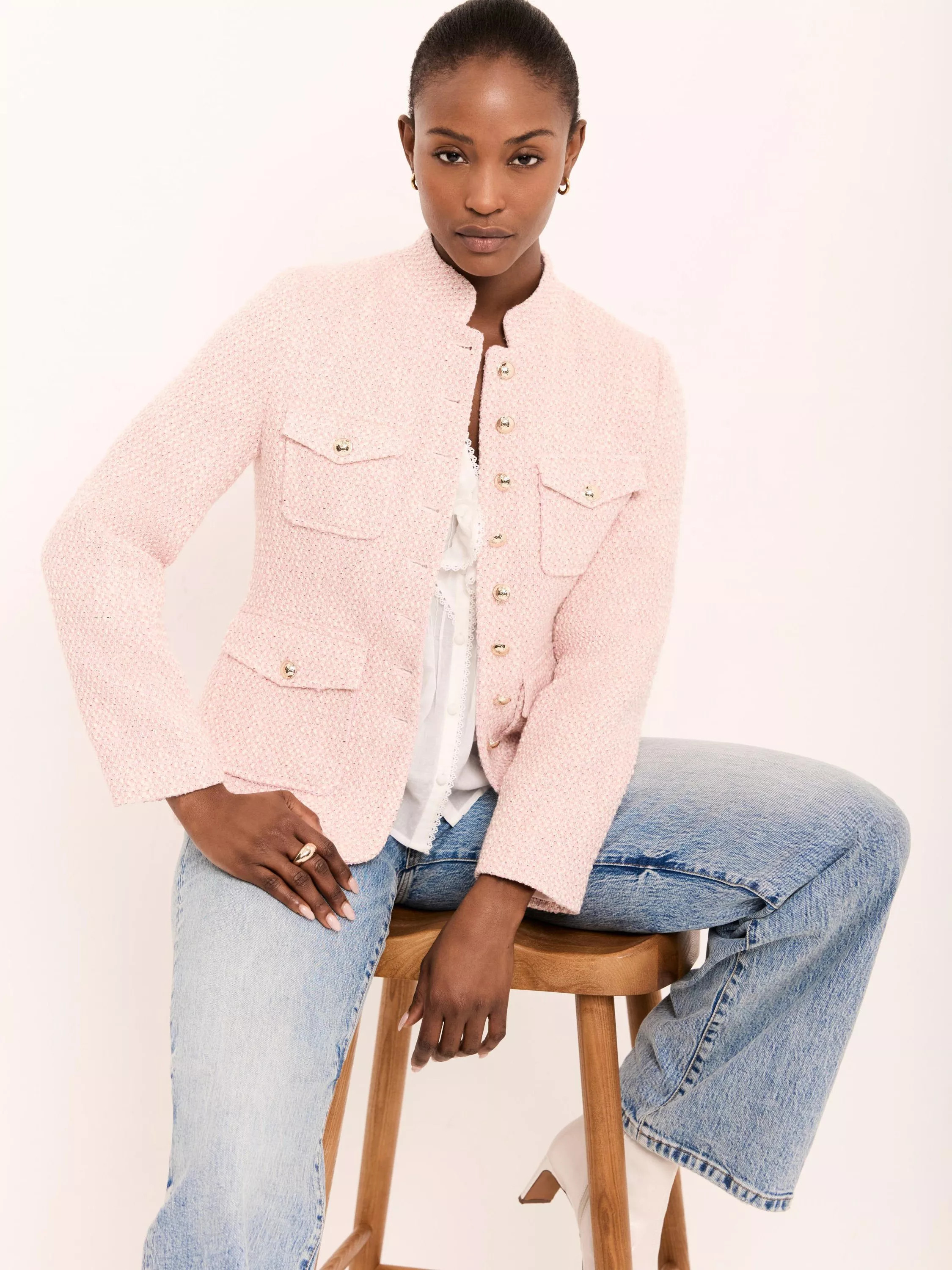 Appliqué Trim Boucle Jacket, Light Pink | John Lewis (UK)
