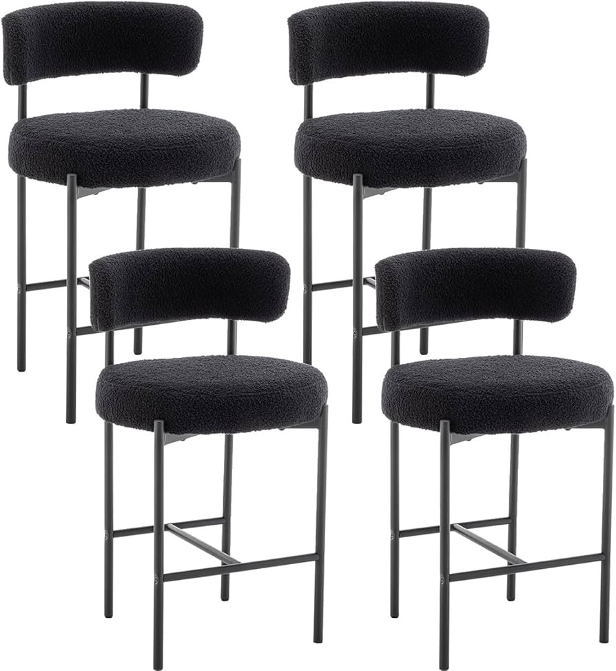 Boucle Bar Stools Set of 4, 24" Modern Counter Stools with Backs, Black Upholstered Bar Stools fo... | Amazon (US)