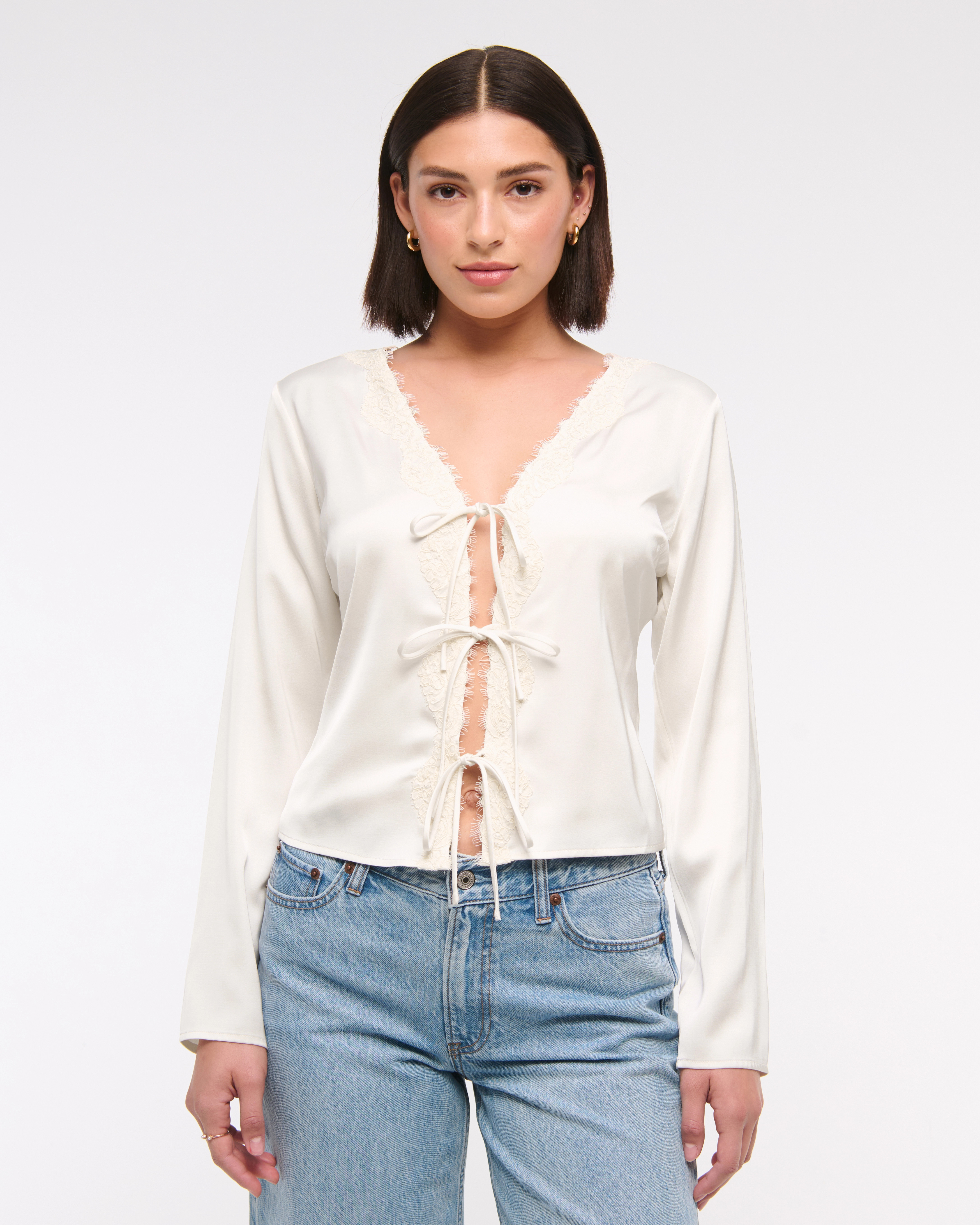Long-Sleeve Lace-Trim Tie-Front Top | Abercrombie & Fitch (US)